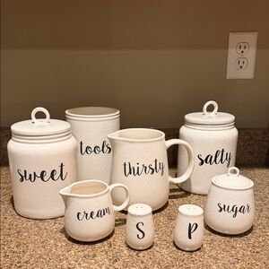 At Home Ceramic Farmhouse Canisters, Pitcher, Salt N Pepper 8 Piece Set